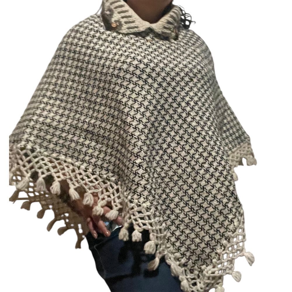 Vintage Lattice crocheted black cream 100% wool poncho Unisex warm handcrafted